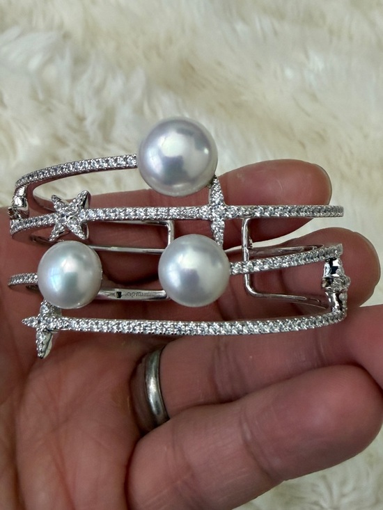 APM Monaco Jewelry - Silver Pearl & Cubic Zirconia Multi-Row Cuff Bracelet